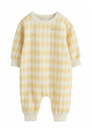 Yellow and white diamond-patterned baby onesie with short puffed sleeves, featuring a round neckline and elasticated cuffs.