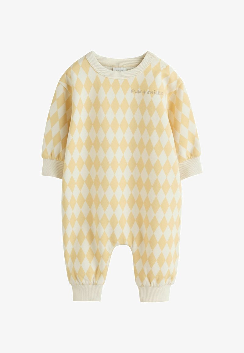 Gelb-weißes Babystrampler mit Rautenmuster, kurzen Puffärmeln, rundem Ausschnitt und elastischen Bündchen.