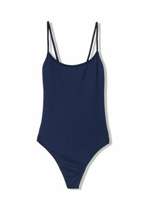 Navy blue one-piece swimsuit made of smooth fabric, featuring spaghetti straps and a high-cut leg design. No visible patterns or accents.