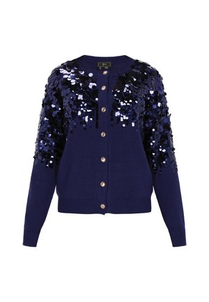 Gilet bleu marine avec des boutons dorés et des embellissements en sequins noirs et argentés sur le devant supérieur et les manches.