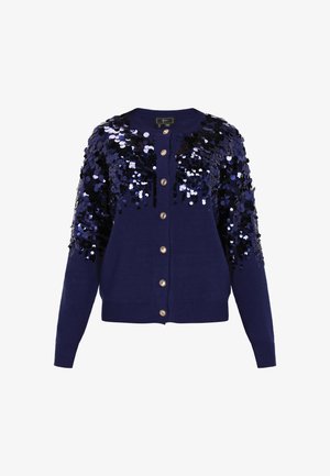 Gilet bleu marine avec des boutons dorés et des embellissements en sequins noirs et argentés sur le devant supérieur et les manches.