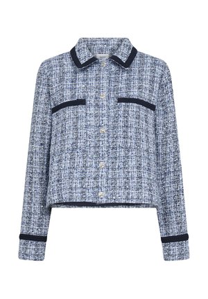 Cropped jacket in a blue and white textured fabric, featuring a collar, two chest pockets, and navy trim along the edges.