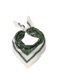 Grøn og hvid mønstret silkescarf, i trekantet form med intrikate design og sorte accenter, med en knude i den ene ende.