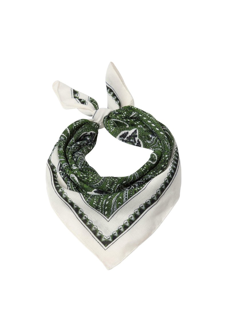 Grøn og hvid mønstret silkescarf, i trekantet form med intrikate design og sorte accenter, med en knude i den ene ende.