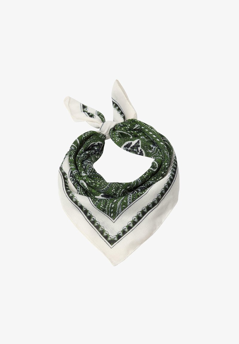 Grøn og hvid mønstret silkescarf, i trekantet form med intrikate design og sorte accenter, med en knude i den ene ende.