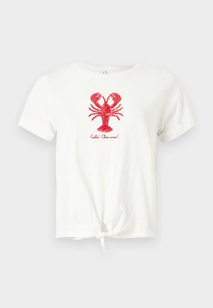 Λευκό κοντομάνικο μπλουζάκι με κόμπο μπροστά, κόκκινο σεκουελιασμένο γραφικό αστακού και το κείμενο «Feelin' Claw-some!» κάτω από τον αστακό.