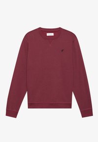 Maroon long-sleeve crewneck sweatshirt with small black embroidered bird logo on left chest and ribbed cuffs and hem.