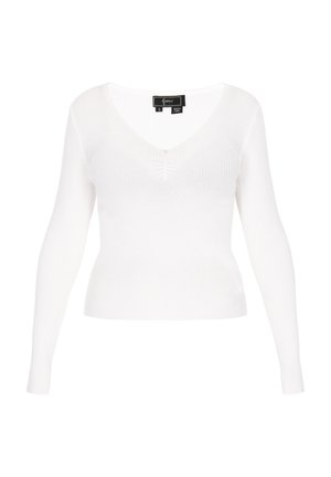 Maglione bianco a maniche lunghe con texture a coste, scollo a V e dettagli arricciati al centro davanti. Etichetta della taglia visibile all'collo.