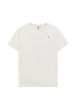 Maglietta semplice a maniche corte di colore bianco sporco con scollatura rotonda e piccolo logo grigio a forma di albero sul petto a sinistra.