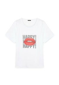 Camiseta de algodón blanca con mangas cortas, escote redondo, que presenta un gráfico de labios rojos y el texto "HAPPY!" en negro y plata.