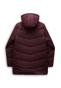 Burgundowa kurtka puchowa z kapturem, z pikowaniem w zygzaki i gładką teksturą. Zaprojektowana w średniej długości kroju dla zapewnienia ciepła.