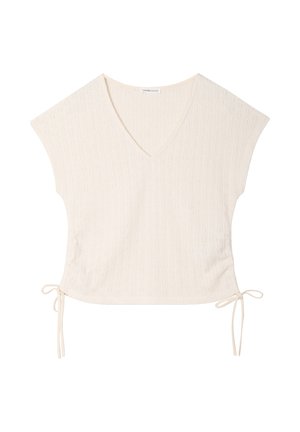Top in maglia crema a maniche corte con scollo a V e coulisse laterali, caratterizzato da un motivo a coste sottile.