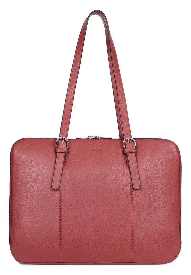 Rode leren totebag met twee platte hengsels, ritssluiting, gladde textuur, rechthoekige vorm en minimalistisch design, met subtiele stikdetails.