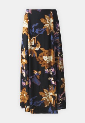 Maxi-Rock aus schwarzen Stoff, mit großen floralen Mustern in Gold-, Orange- und Lilatönen. Glatte Textur, fließendes Design.