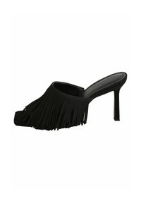 Mules à talons hauts en suède noir avec un design à bout carré, présentant des accents frangés le long de la tige. Texture lisse et silhouette épurée.