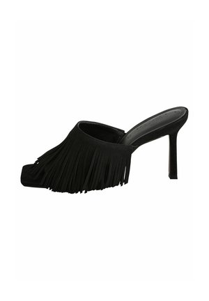 Black suede high-heeled mules with a square toe design featuring fringed accents along the upper. Smooth texture and sleek silhouette.