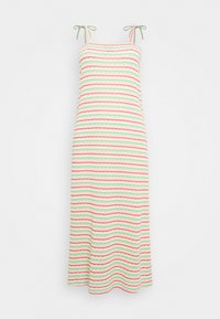 Vestido maxi listrado com tiras de ombro estreitas. Apresenta riscas em ziguezague verde, rosa e branco. Feito de um tecido leve e texturizado.