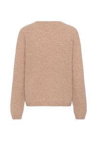 Pull en maille beige à manches longues avec un col rond et des poignets et un bas côtelés, vu de dos.