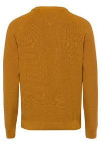 Langärmliger, senfgelber Strickpullover, von hinten gezeigt, mit gerippten Bündchen und Saum, der ein dezentes, dreieckiges Stickdetail am Ausschnitt aufweist.