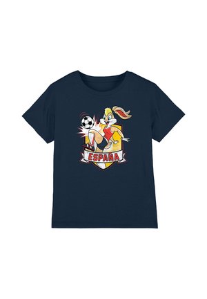 Navy blue T-shirt with cartoon rabbit playing soccer above a shield and banner reading "España" in red and yellow colors.