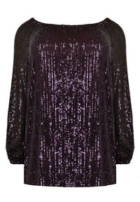 Top nero con paillettes, caratterizzato da una scollatura dritta, maniche lunghe a sbuffo e una vestibilità ampia, con riflessi viola luccicanti.