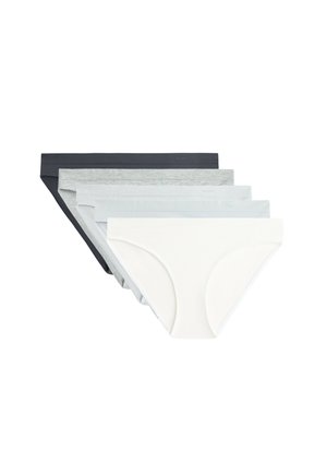 Femme portant un sous-vêtement blanc uni style bikini, montrée du milieu du torse jusqu'en haut des cuisses sur un fond blanc.