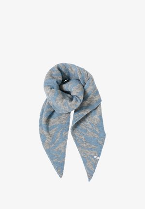 Blau- und graumusterter Schal mit weicher Textur, der ein dreieckiges Design aufweist und an einem Ende ein kleines Etikett besitzt.