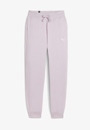 Jasnoróżowe dresy z miękkiego materiału, z elastycznym paskiem na sznurki, bocznymi kieszeniami oraz białym logo na lewej nogawce.