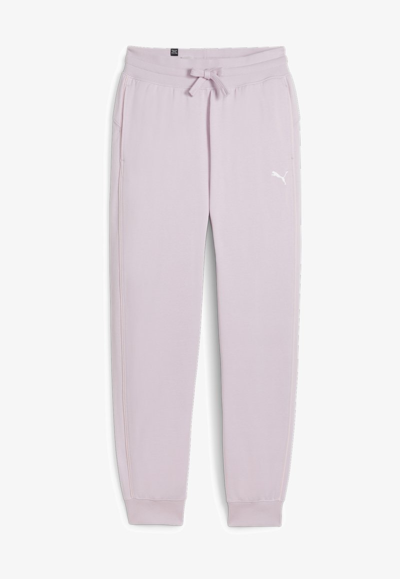 Jasnoróżowe dresy z miękkiego materiału, z elastycznym paskiem na sznurki, bocznymi kieszeniami oraz białym logo na lewej nogawce.