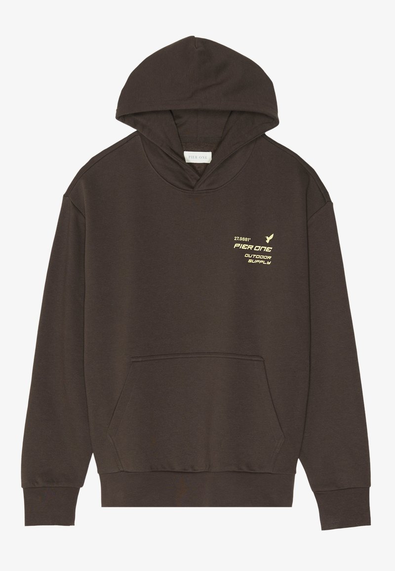 Sudadera con capucha de algodón marrón con bolsillo frontal, con texto y logotipo en dorado en el pecho. Detalles de puños y dobladillo acanalados.