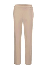 Pantalons beige légers avec une taille élastique, coupe droite et texture lisse, adaptés pour une tenue décontractée.