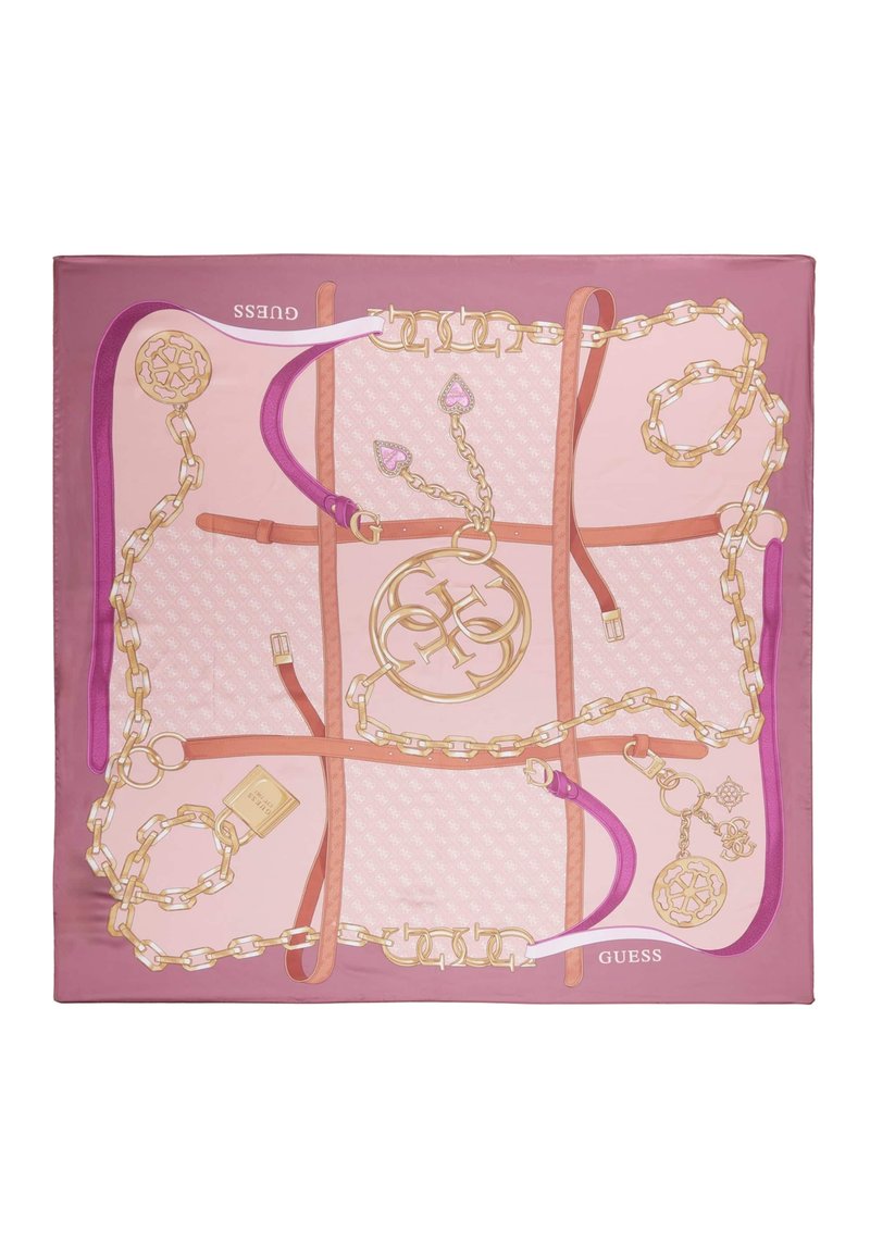 Sciarpa di seta con uno sfondo rosa, arricchita da catene dorate, cinghie e logo del marchio. Tra i dettagli notevoli ci sono pendenti a forma di cuore e un lucchetto.