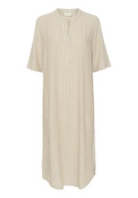 Vestido beige a rayas con mangas cortas, cuello mao y bolsillos laterales. Confeccionado en una tela ligera, presenta rayas verticales y un corte relajado.