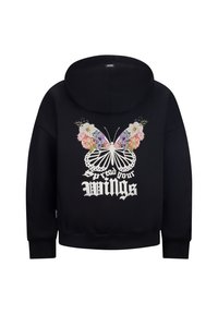 Felpa nera con cappuccio caratterizzata da una grande grafica di una farfalla bianca con accenti floreali e il testo "Apri le tue ali" in caratteri bold.