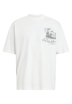 White cotton t-shirt with a loose fit, featuring a black graphic of cassette tapes and the word "Albasit" on the left chest area.