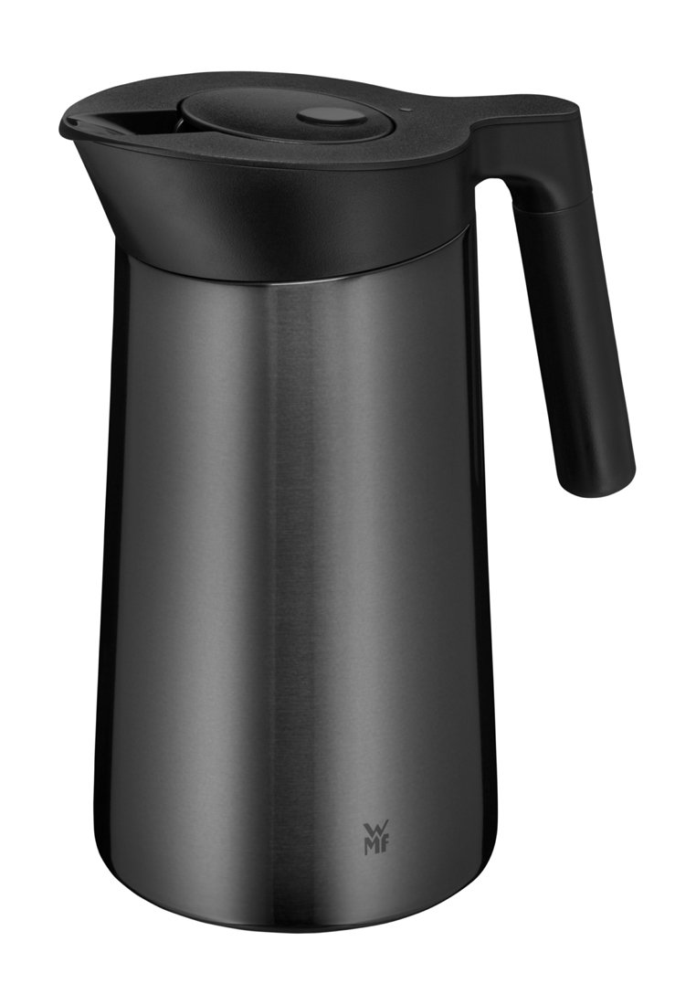 Schwarze Edelstahlkaffeemaschine mit einer glatten, zylindrischen Form, ausgestattet mit einem schwarzen Deckel und Griff. Logo ist am Boden sichtbar.