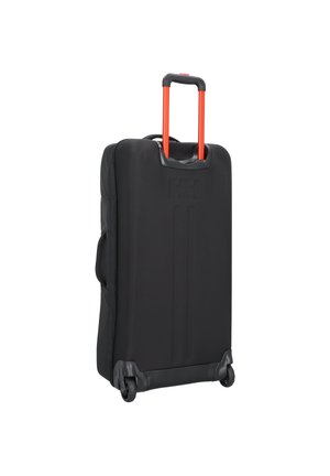 Černý tvrdý kufr s vyraženým logem, oranžová teleskopická rukojeť a dvě hladce se pohybující kolečka. Kompaktní a moderní design.