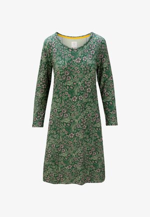 Groene bloemenjurk met lange mouwen, ronde halslijn en een getailleerde taille. Heeft meerkleurige bloemenpatronen en een gele afwerking bij de hals.