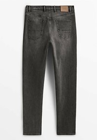 Jeans in denim nero con una finitura sbiadita, caratterizzati da una silhouette aderente, due tasche posteriori e un'etichetta in pelle rettangolare alla vita.