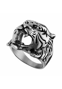 Tiger head ring in polished metal, showcasing intricate detailing, fierce expression, and a wide band. Features a textured finish and open mouth design.