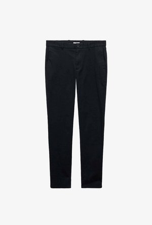 Schwarze Baumwollhose mit geradem Bein, ausgestattet mit einem Knopfverschluss, Gürtelschlaufen und ohne sichtbare Muster oder Akzente.