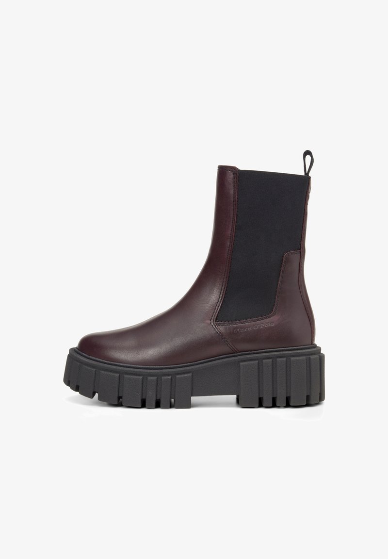 Burgundy leather ankle boot with a black elastic side panel and a chunky black platform sole featuring vertical grooves. Pull tab at the rear.