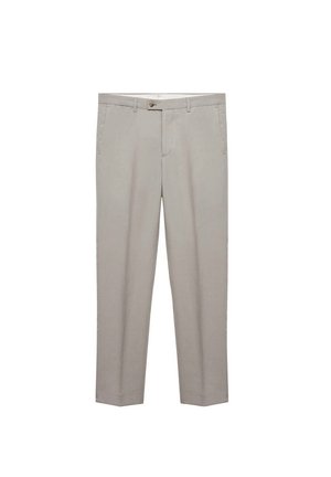 Beige tailored trousers featuring a flat front, two side pockets, and a button closure, crafted from a smooth, lightweight fabric.