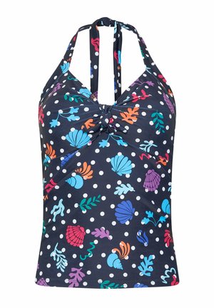 Marine halter zwemtop met een twistvoorkant, kleurrijke schelpen- en koraalpatronen, en witte stippen op een gladde stof.