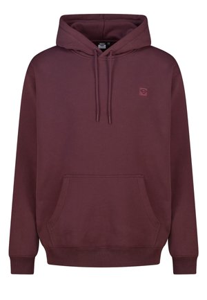 Maroon hooded sweatshirt with front pocket, drawstring hood, ribbed cuffs, and small square logo on left chest.