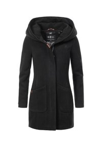 Manteau noir mi-genou avec capuche, fermeture éclair devant, deux grandes poches avant et taille ajustée, conçu pour femmes.