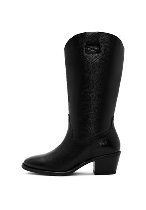 Zwarte leren cowboylaars met een ronde neus en een mid-heel. Heeft een gestructureerde bovenkant en een vierkante accent aan de achterkant van de schacht.