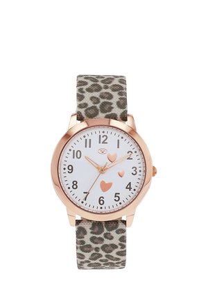 Round watch with rose gold case, white dial with black numbers, three rose gold heart shapes, and leopard print fabric strap.