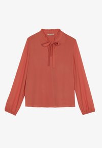 Blusa corallo con maniche lunghe, colletto a volant e un dettaglio con fiocco all'apertura del collo. Realizzata in tessuto leggero, offre una vestibilità ampia.