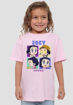 Pink short-sleeve T-shirt featuring four cartoon faces with different expressions. "ZOEY" printed above in bold lettering. Casual fit.
